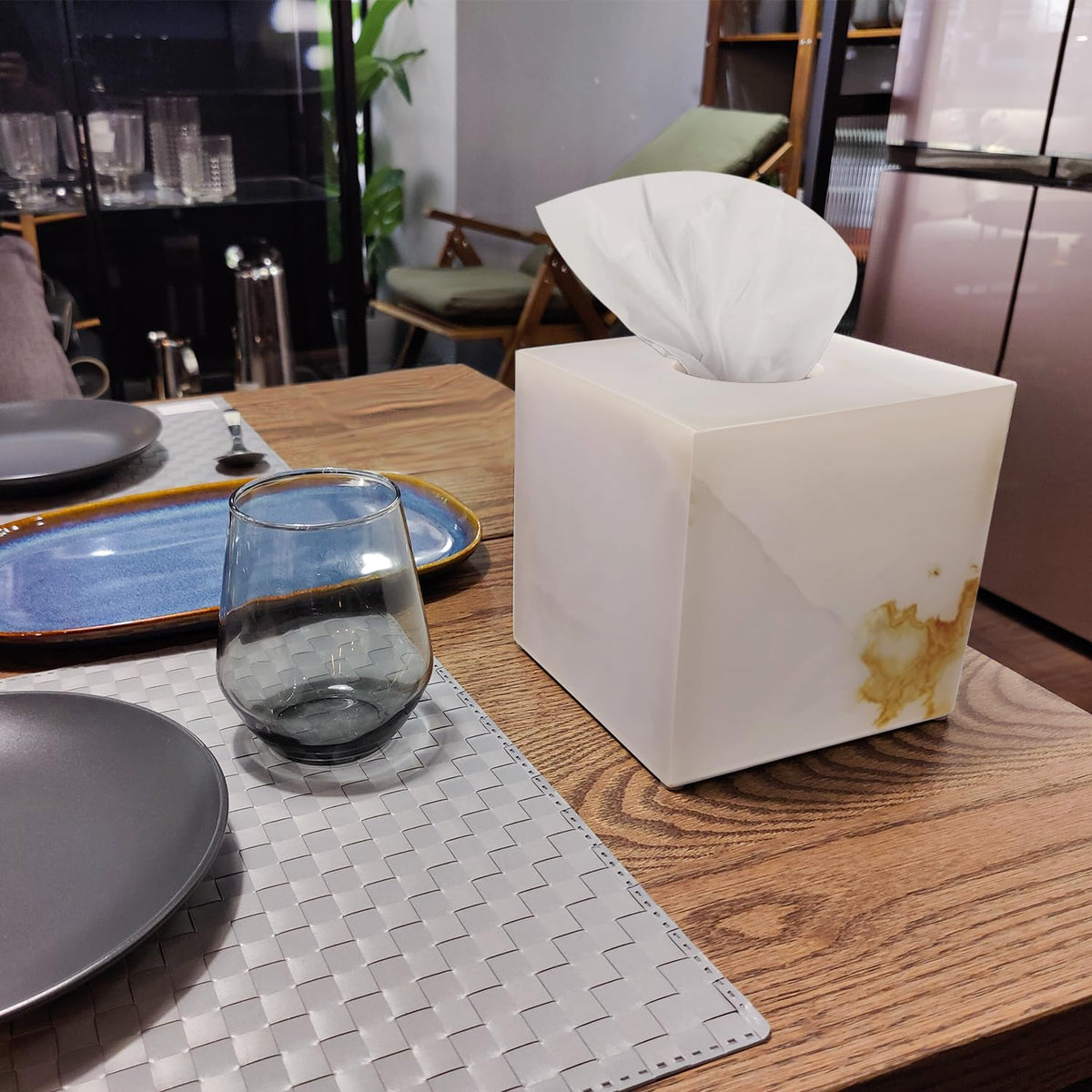 Natural Marble Tissue Box Cover, Exquisite Marble Square Tissue Box Holder, Elegant & Luxurious Decoration for Bathroom,Home & Office (White Jade)