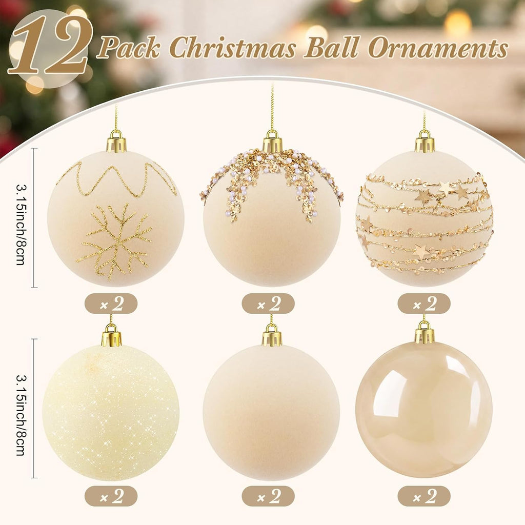 Syhood 12 Pcs White Velvet Christmas Ball 3.15 Inch Flocked Ornament
