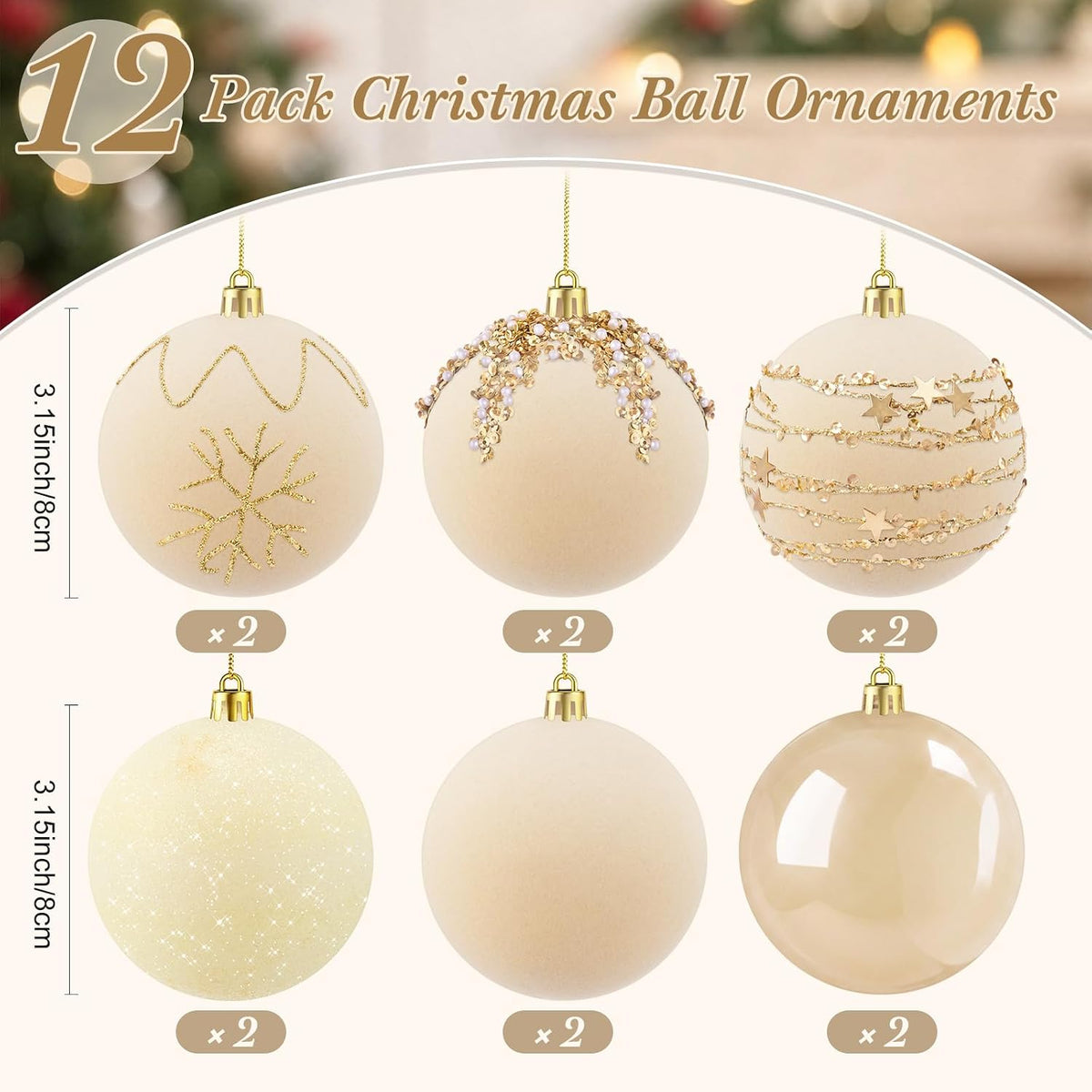 Syhood 12 Pcs White Velvet Christmas Ball 3.15 Inch Flocked Ornament