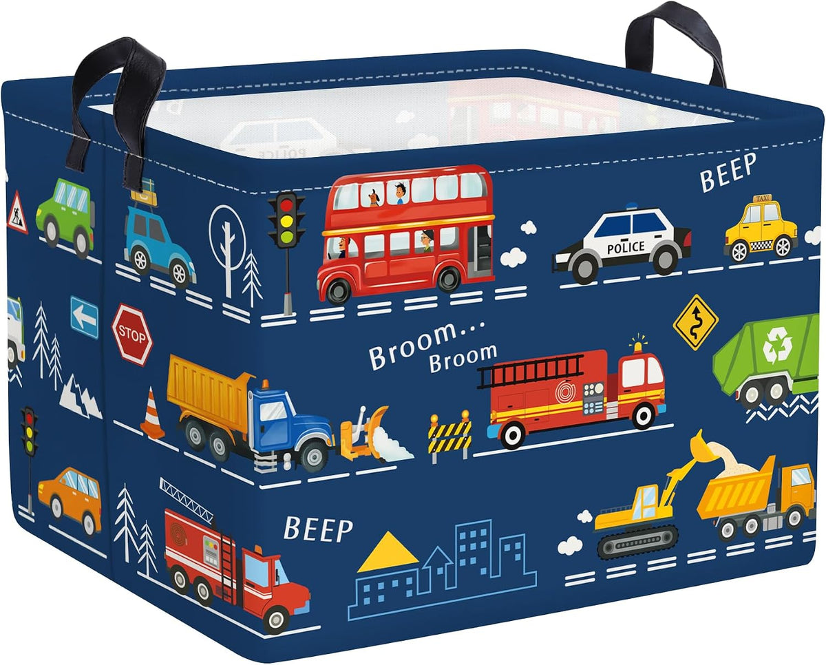 Cars Laundry Hamper Cartoon Vehicle Large Storage Basket Collapsible Parents Organizer Boy Toy Clothes Bins for Bedroom, Bathroom, City Bus, 36L