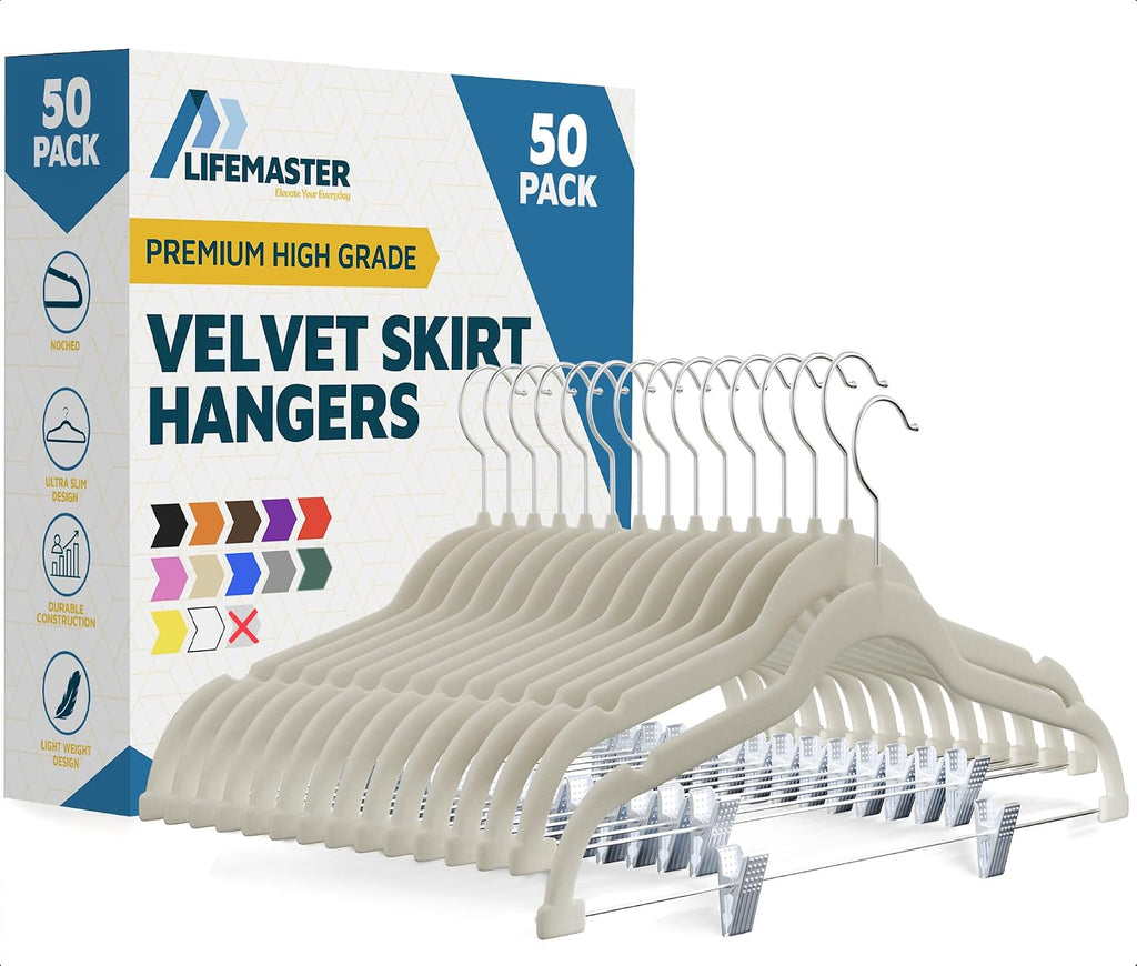 Lifemaster Velvet Skirt Hangers – with Adjustable Clips, 360 Degree Swivel Hook, and Non-Slip Shoulder Notch, Holds Up to 10 lbs, for Organizing Skirt, Pants, Dress, and Clothes, Pack of 50, Ivory