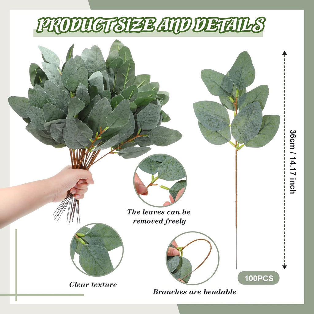 Tigeen 100 Pcs Artificial Eucalyptus Leaves Stems Silver Dollar Eucalyptus