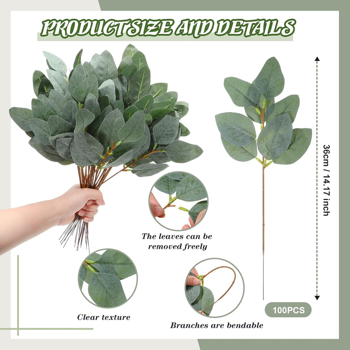Tigeen 100 Pcs Artificial Eucalyptus Leaves Stems Silver Dollar Eucalyptus