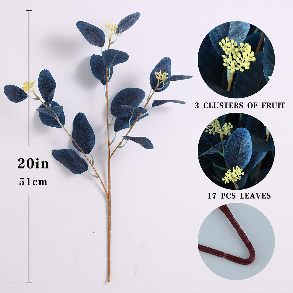 Navy Blue Artificial Eucalyptus Stems, 12Pcs20" Branches with Beige Berries