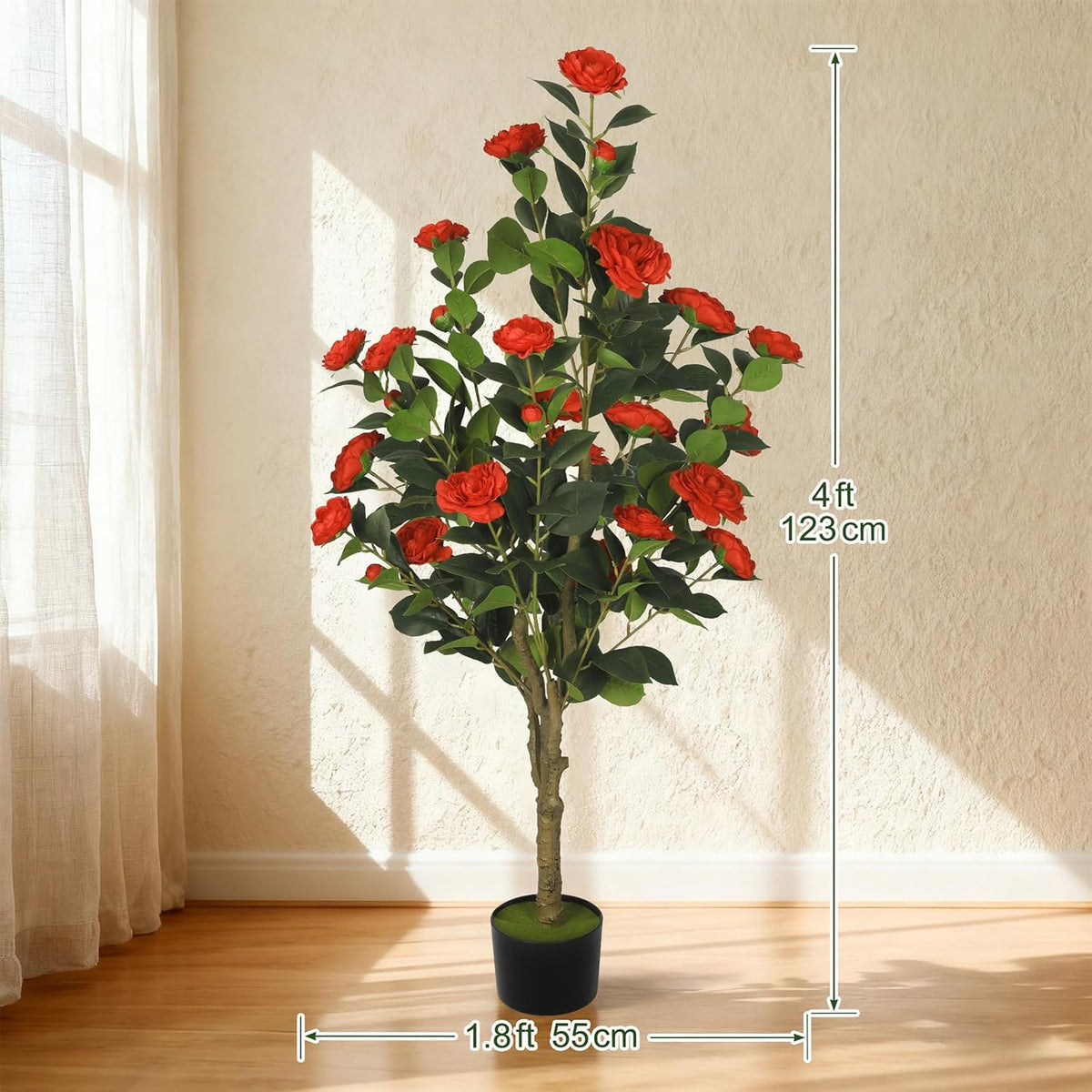 2-Pack 4FT Artificial Camellia Tree,Realistic Fake Potted Plants with Flowers&Planters,Indoor/Outdoor Faux Flowering Trees for Home,Office,Porch,Wedding,and Housewarming Gift Decor,Red