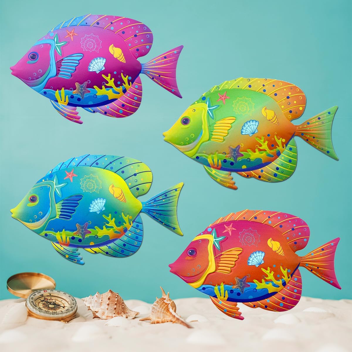 Oraytteo Metal Fish for Pool Decor, 4 Pack Fishes Wall Art Hanging Decorations for Barthroom Fence Patio Beach Home Decor, Indoor or Outdoor Decor
