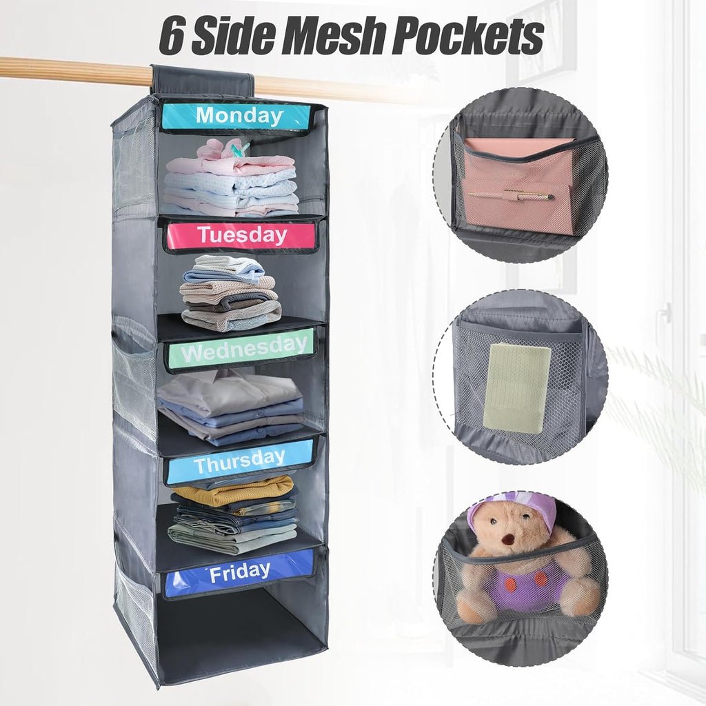 Weekly Clothes Organizer for Kids,Day of The Week Clothes Organizer,5-Shelf Hanging Closet Shelves,School Cloth Organizer Day of Week,Dorm Room Essential Daily Shelf Hanging Closet Organizer