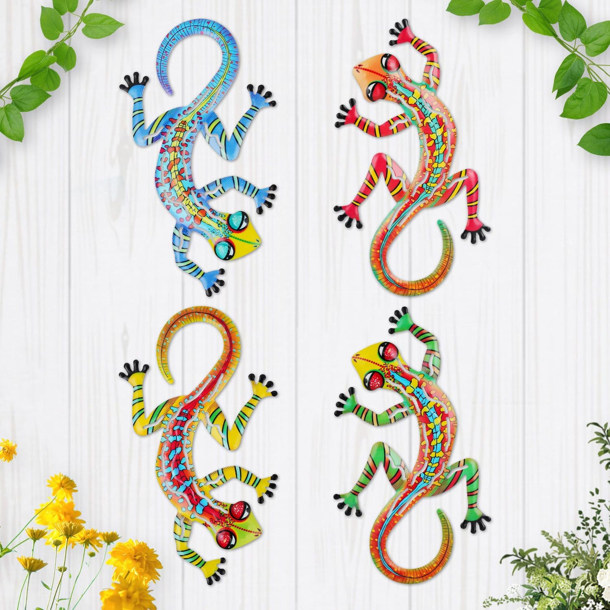 Junware 4 Pcs Metal Gecko Wall Art Outdoor Decor Metal Lizards Wall Decor Lizard 6.9 * 11 Inch Suitable for Hanging in Yard Garden Patio Fence Home, Idea Gifts for Mom Father Friends