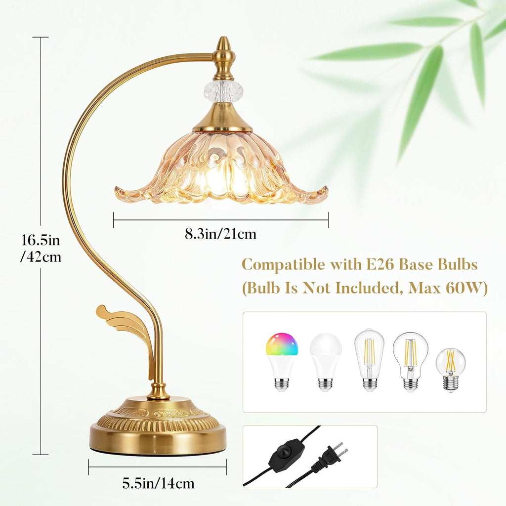 Vintage Floral Table Lamp, Plug in Mid-Century Modern Desk Lamp with Amber Glass Shade, Gold Bedside Table Lamp Dimmable for Bedroom Living Room Home Office, E26 Base, UL Listed
