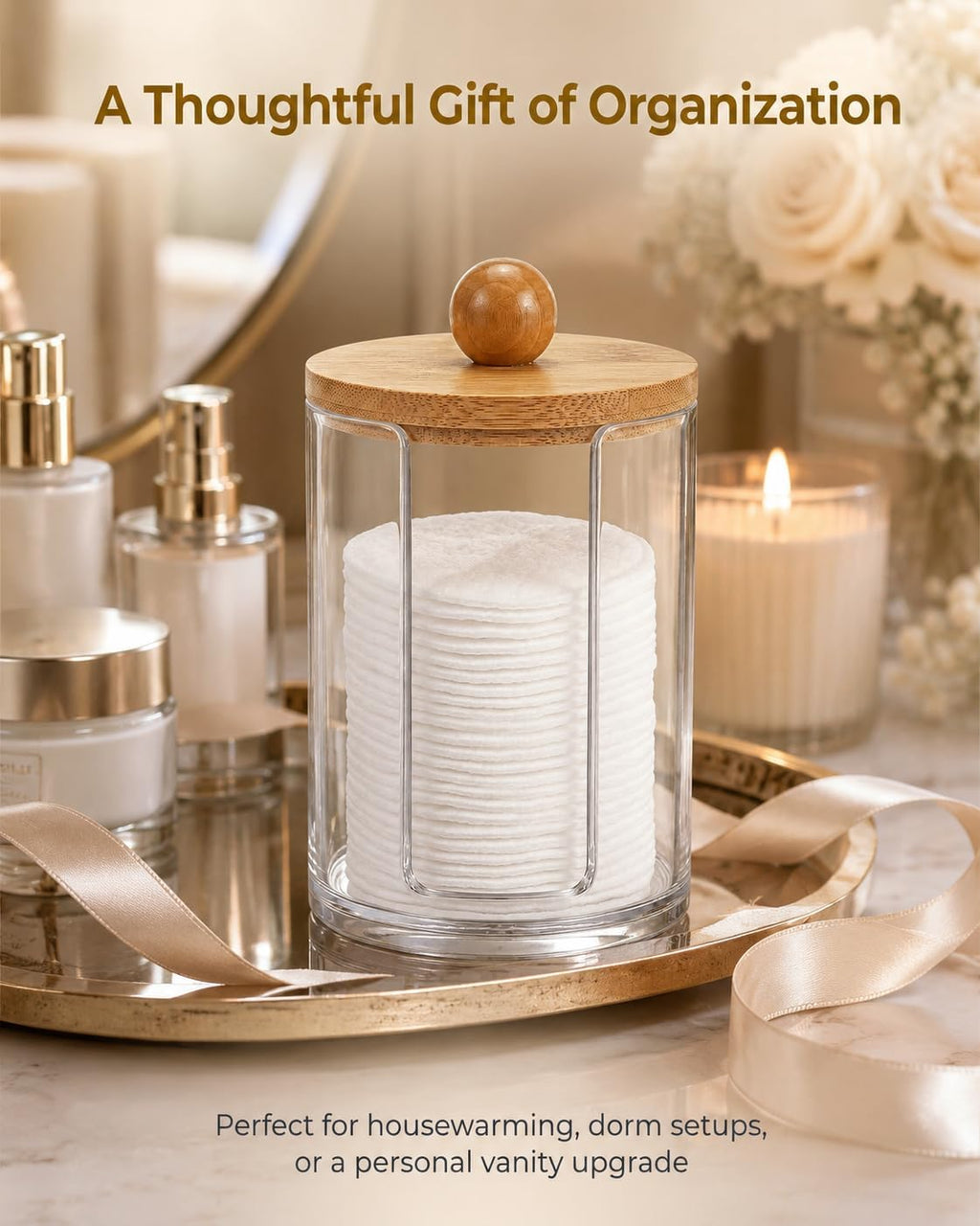 Cotton Round Holder with Bamboo Lid, 10oz Cotton Pad Dispenser