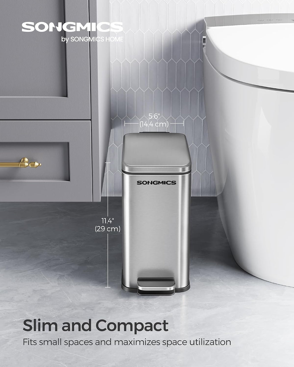 SONGMICS Bathroom Trash Can, 1.3 Gallon Stainless Steel Trash Bin with Lid