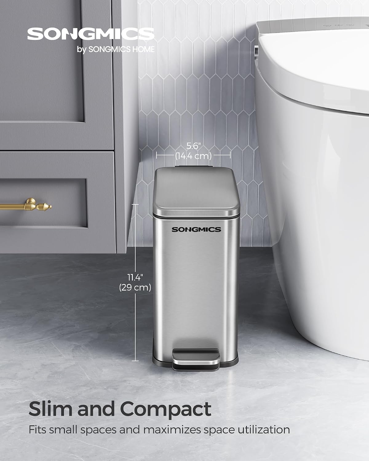 SONGMICS Bathroom Trash Can, 1.3 Gallon Stainless Steel Trash Bin with Lid