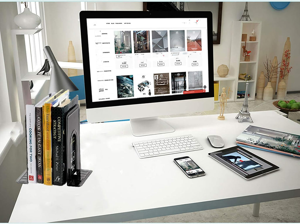 Metal Book Ends for Shelves, Book Shelf Holder Home Decorative, Book Ends for Heavy Books/Movies/CDs, Black 6.5 x 5 x 5.7 in, 4 Pair/ 8 Piece (Pack of 2)
