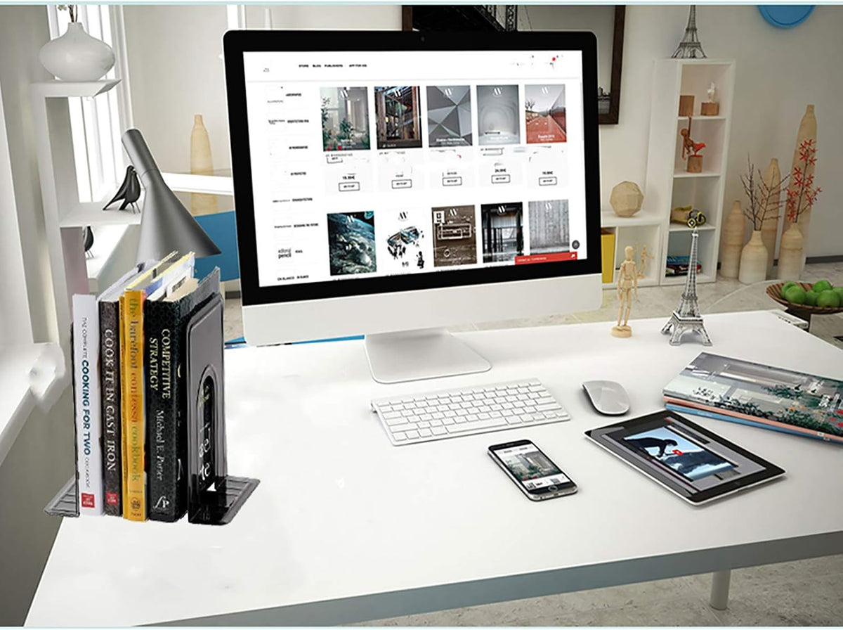 Metal Book Ends for Shelves, Book Shelf Holder Home Decorative, Book Ends for Heavy Books/Movies/CDs, Black 6.5 x 5 x 5.7 in, 4 Pair/ 8 Piece (Pack of 2)