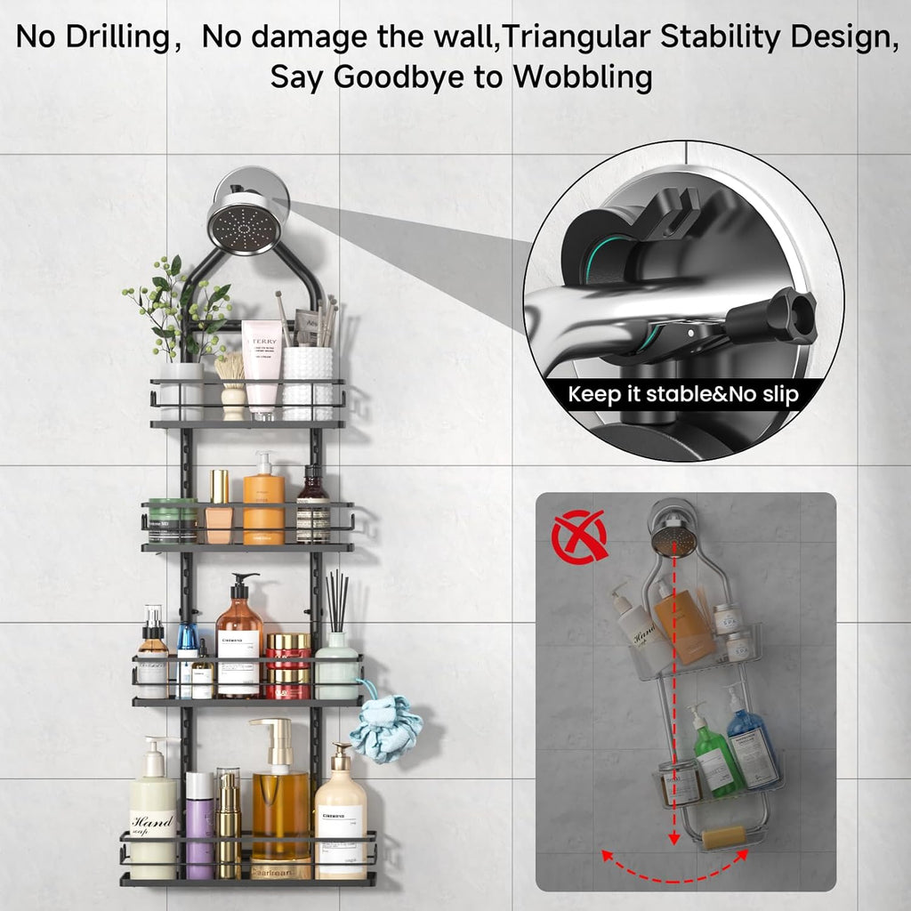 Shower Caddy Hanging Rustproof, 4 Tier Adjustable Hanging Shower Caddy Over Showerhead, No Drilling Handing Shower Racks for Bathroom Shampoo Soap Storage