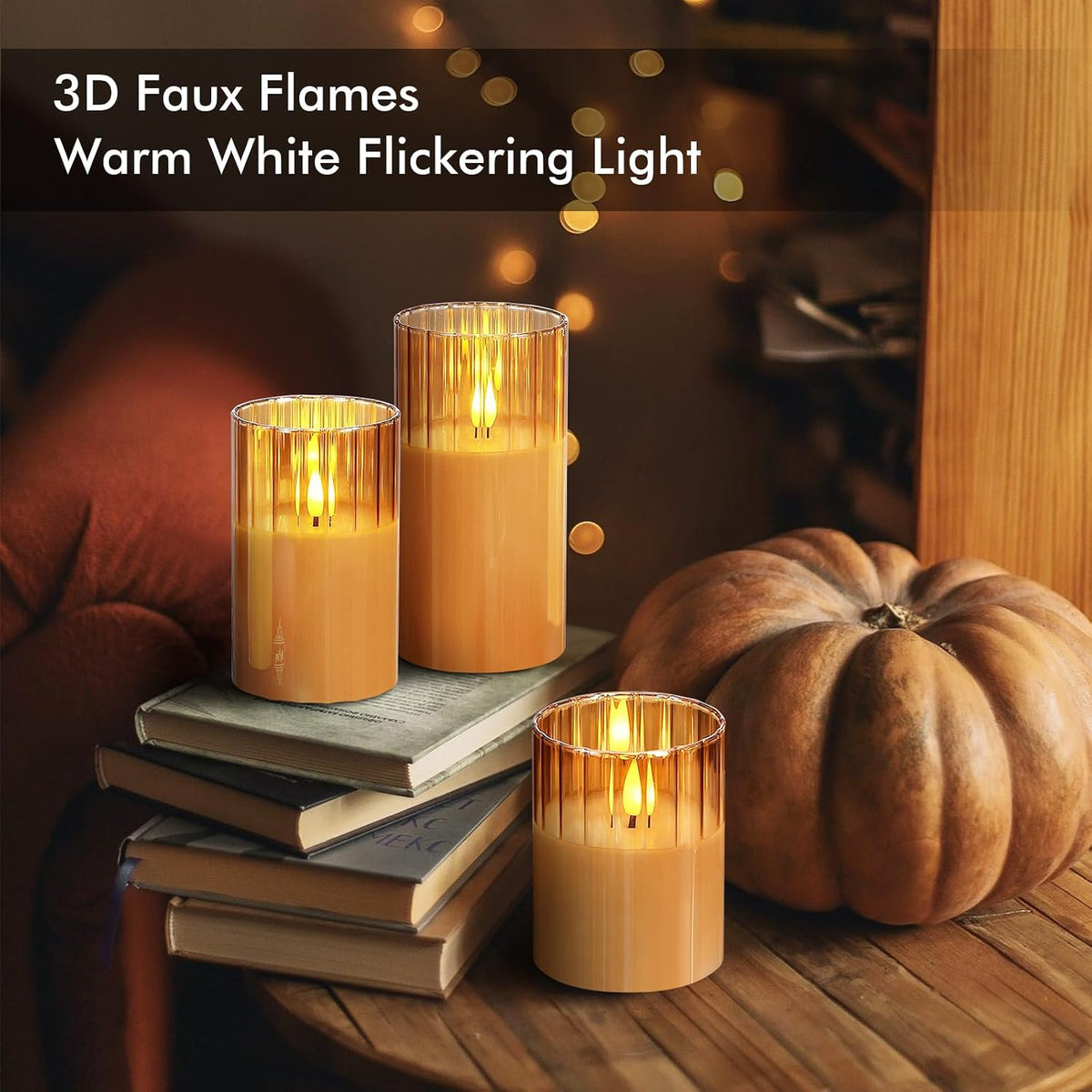 Rhytsing Gold Ribbed Glass Battery Operated LED Candles with Remote, Flameless Candle Gift Set with Timer, Warm White Light- Include 6 Batteries - Set of 3