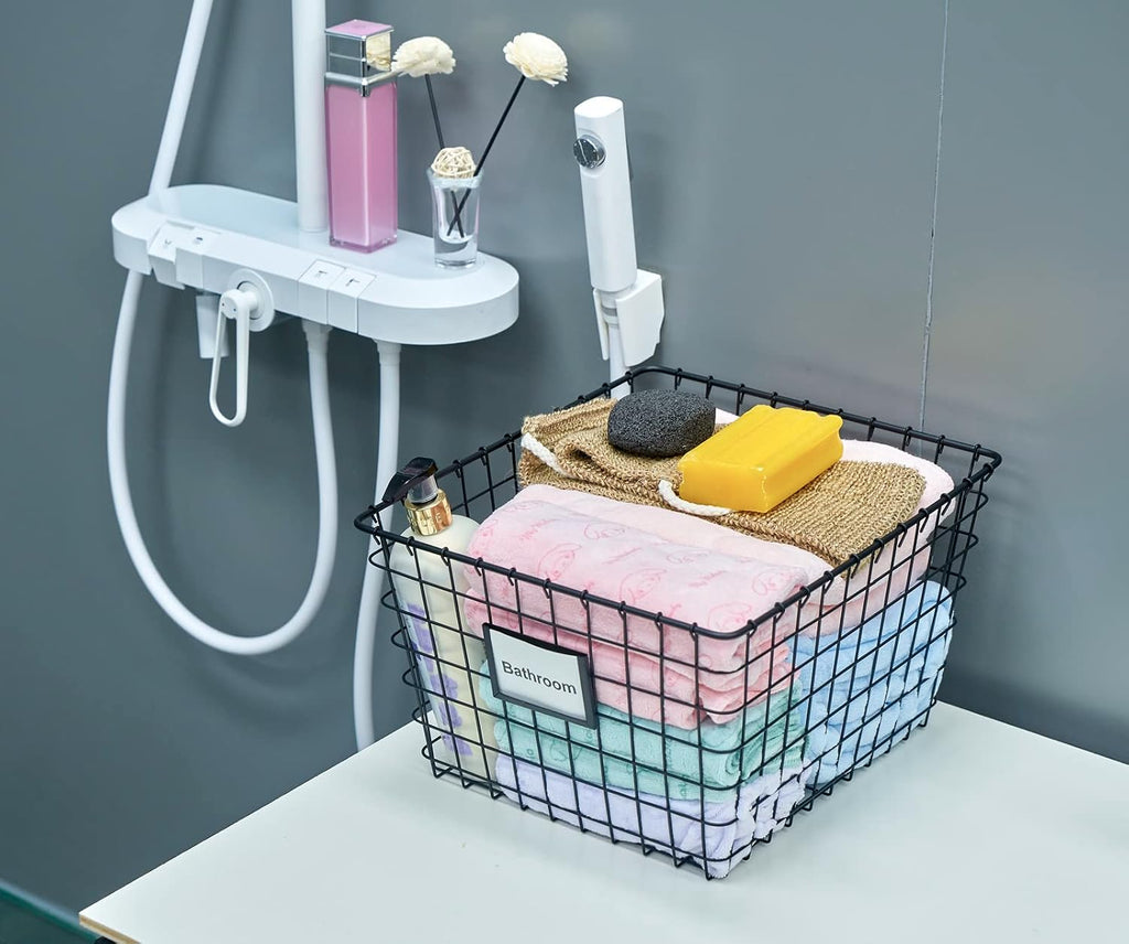JUNCHU CHERRY 4 Pack【Large】 Wire Handmade Storage Basket for Organizing Household Goods,Pantry Organization,Bathroom countertop,Laundry,Wardrobe Storage Basket,Black
