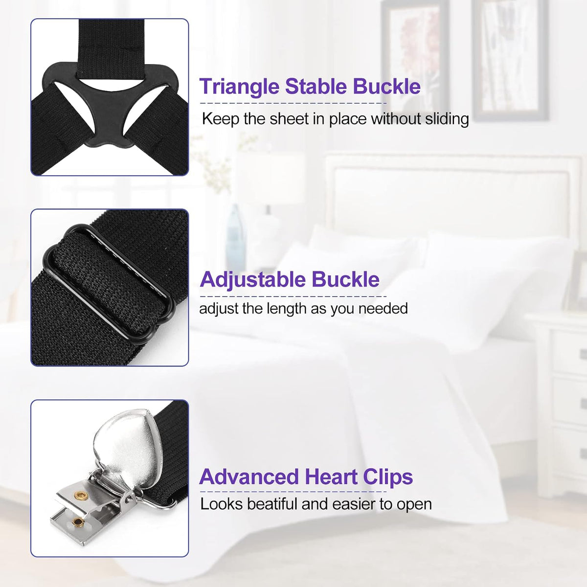 Bed Sheet Fasteners, Triangle Sheet Straps Mattress Clips, 3 Way Fitted Bed Corner Holder Sheet Suspenders Grippers for Bedding Sheets, Mattress Covers, Sofa Cushion (4PCS)
