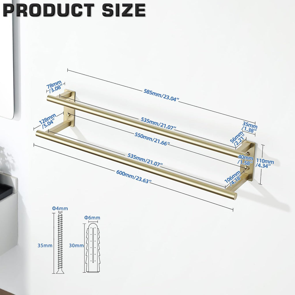 Alise 24 inch Double Towel Bar for Bathroom Wall Mounted, Brushed Gold