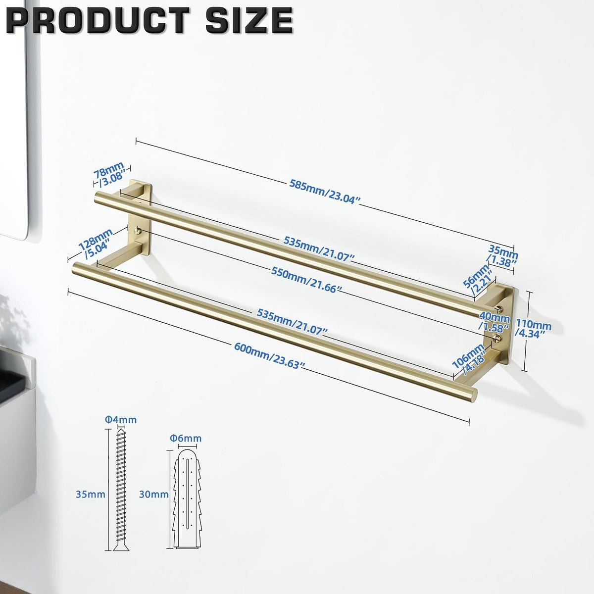 Alise 24 inch Double Towel Bar for Bathroom Wall Mounted, Brushed Gold