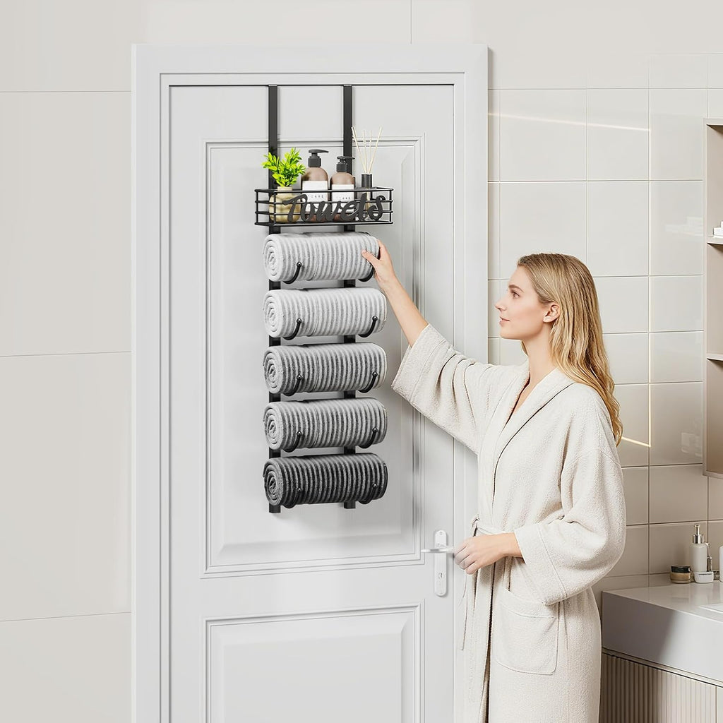 SWTYMIKI Hanging Towel Racks for Bathroom - 6 Tier Over The Door & Wall Mounted Bath Rolled Towel Storage Organizer Holder for Small Bathroom, RV, Camper, Black (Patented)