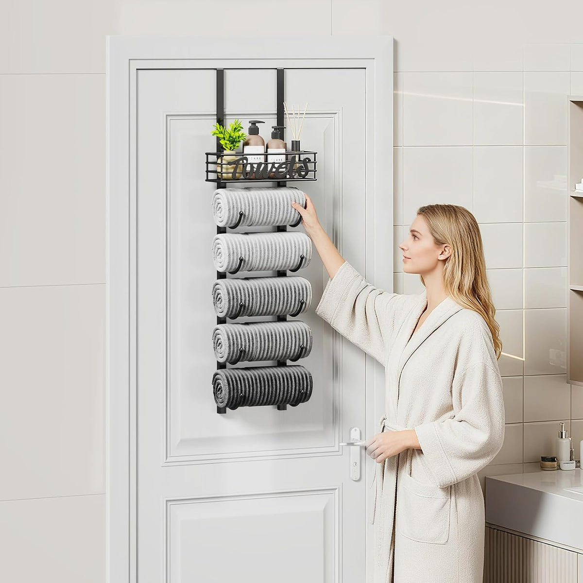 SWTYMIKI Hanging Towel Racks for Bathroom - 6 Tier Over The Door & Wall Mounted Bath Rolled Towel Storage Organizer Holder for Small Bathroom, RV, Camper, Black (Patented)