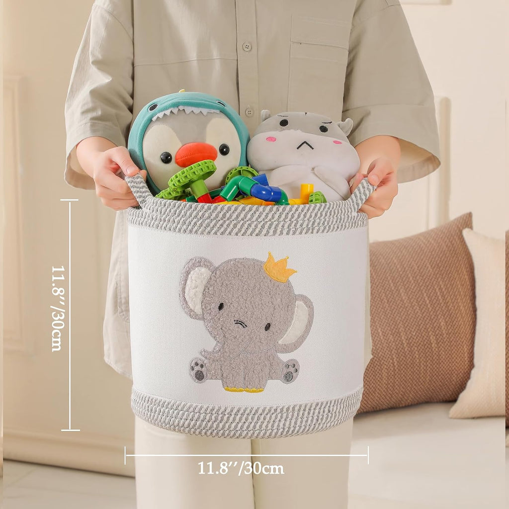 3-Piece Woven Baby Toy Blanket Storage Baskets Laundry Hampers, Elephant Design Foldable Nursery Organizer for Toys Clothes Stuffed Animals, Roomy Sturdy Hamper for Baby Gift Nursery Decor Basket