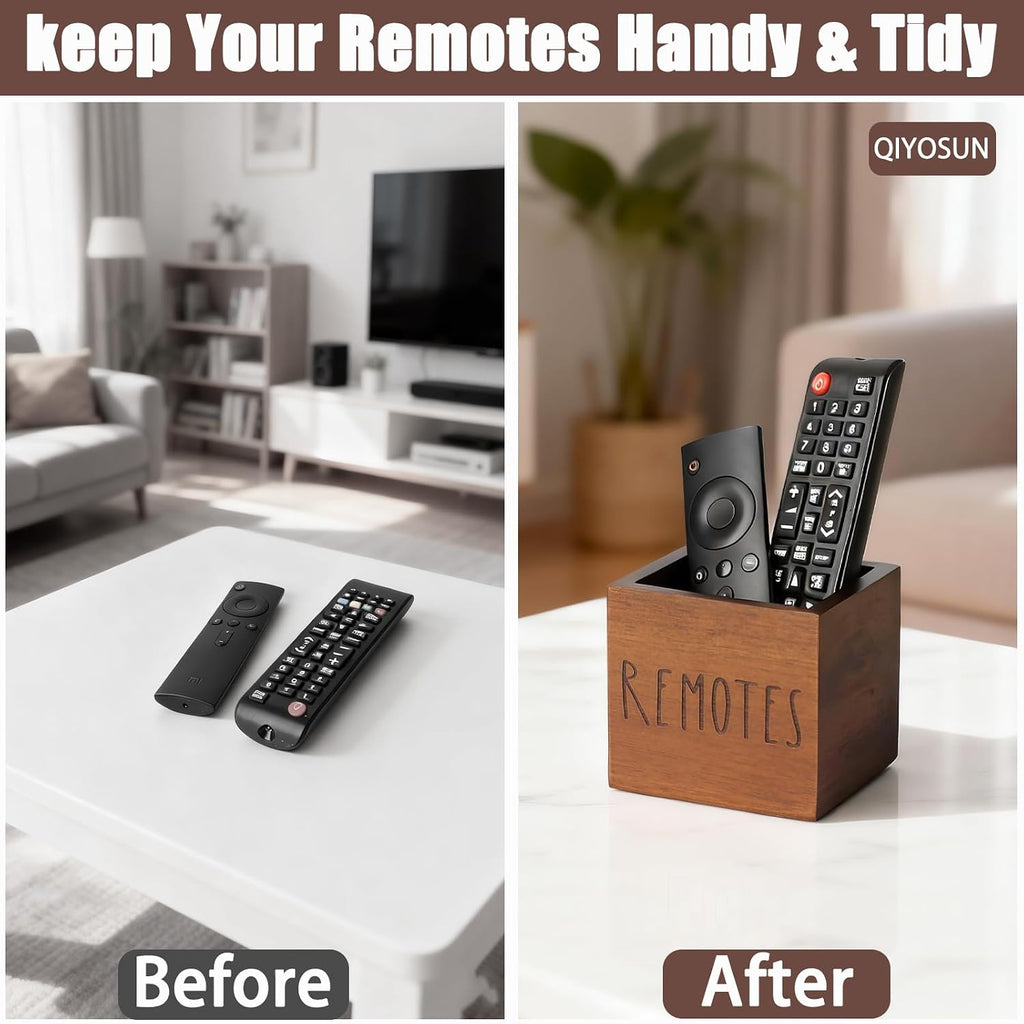 Remote Control Holder, Farmhouse Wood TV Organizer for Table, Wooden Remote Control Organizer, Remote Storage Caddy, Remote Control Organizer (Brown, 3.5 Inch-Labeled REMOTE)