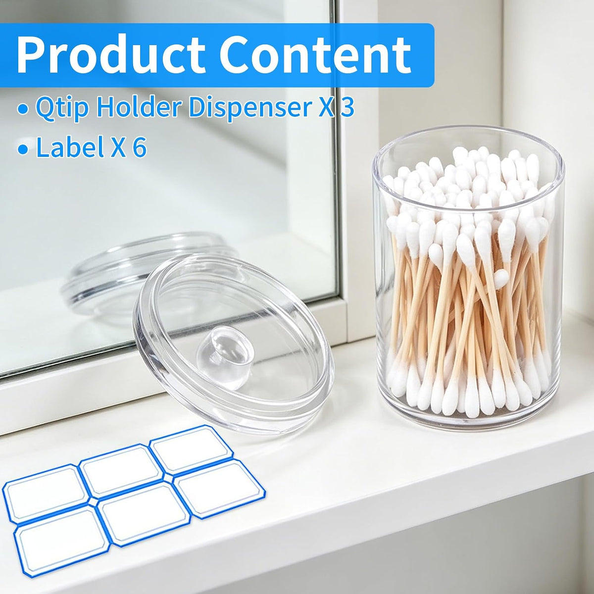 3 Pack Acrylic Qtip Holder Dispenser, Vanity Accessories, Qtip Holder for Cotton Ball, Swab and Floss, Small Clear Bathroom Storage Jars for Makeup Counter