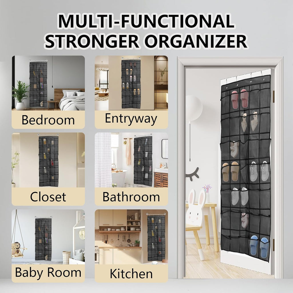 Over the Door Shoe Organizer, 35 Mesh Pockets, Gray, 4 Metal Hooks