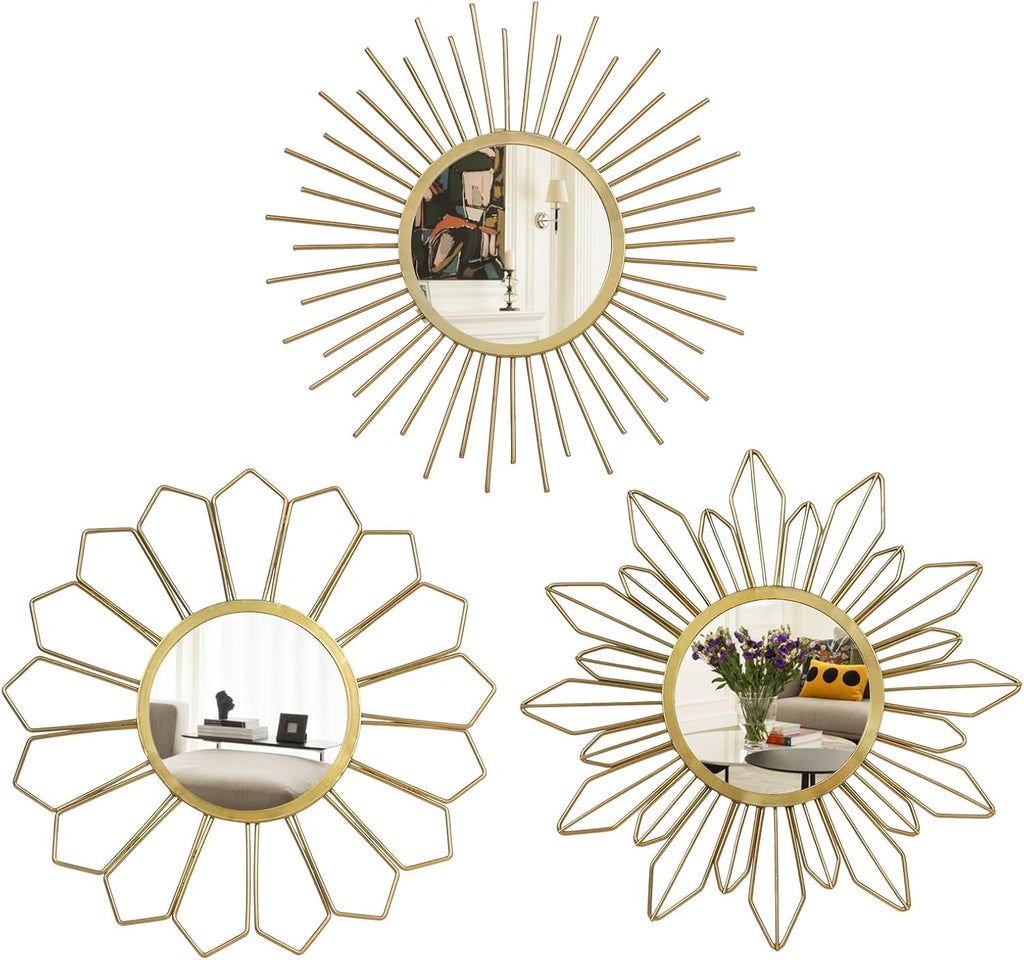 hogardeck Metal Mirrors Wall Decor - 3 Pcs 11" Metal Sunburst Flower Wall Mirrors Home Décor, Decorative Hanging Wall Art for Living Room, Bedroom, Kitchen, Bathroom, Entryway