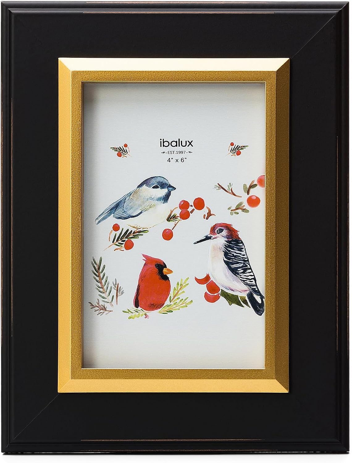 4x6 Black Wood Picture Frame with Real Glass, Gold Inner Border, Vertical and Horizontal for Tabletop or Wall Hanging