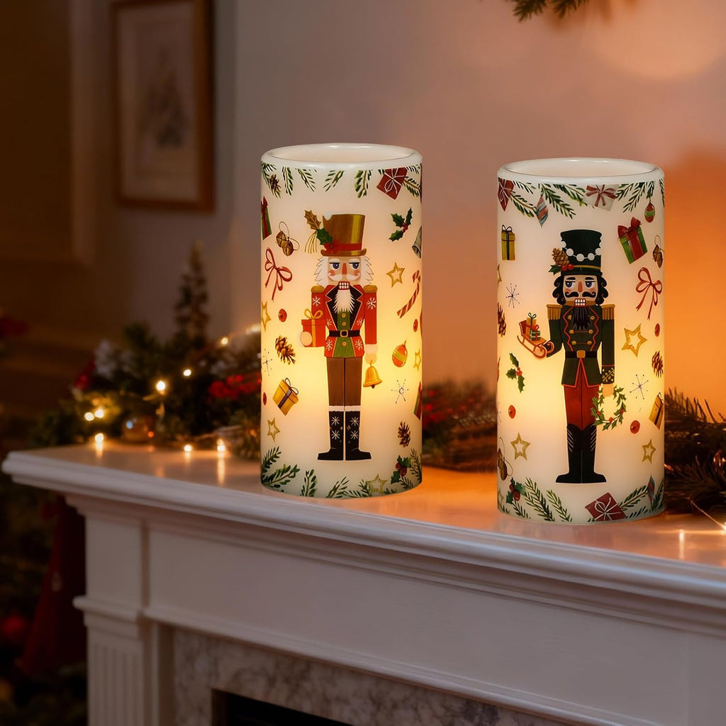 Christmas Nutcracker Flameless Pillar Candles with Remote Timer