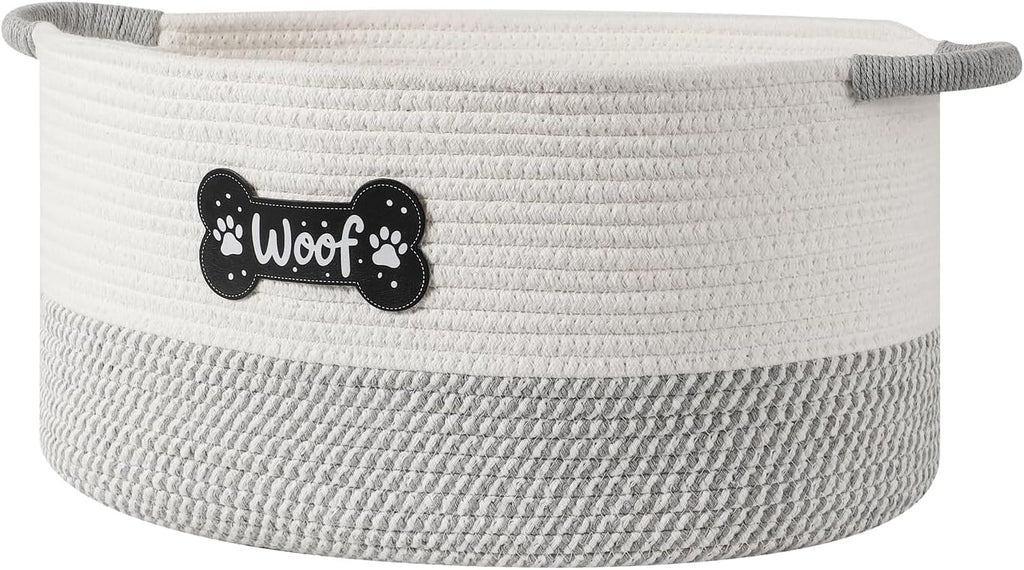 Dog Toy Basket, Dog Toy Box Organizer Baskets, Woven Cotton Rope Pet Puppy Dogs Toy Bin With Handle, Chew Toys Blankets Leashes Grey Storage Baskets for All Pets - Puppies to Large