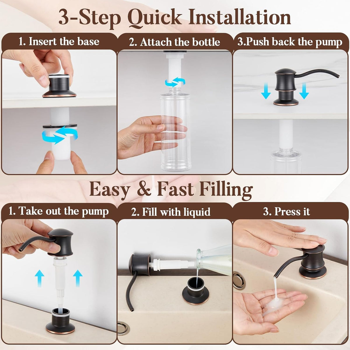 Built in Soap Dispenser for Kitchen Sink Countertop, Brass, Bronze