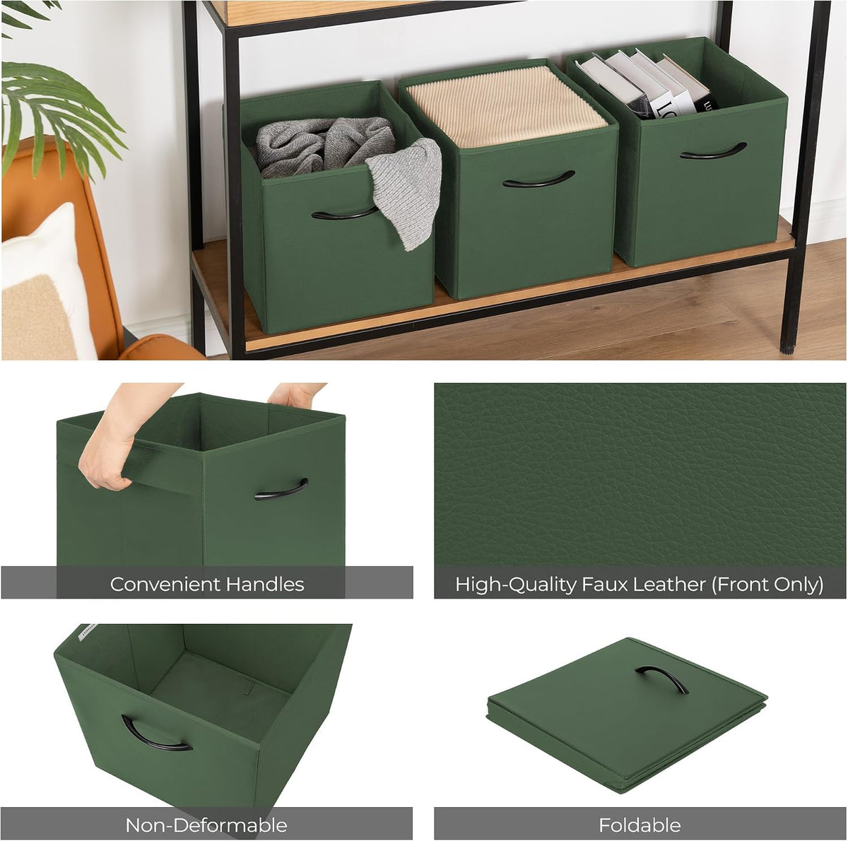 StorageWorks 11in Leather Storage Cubes, Cube Organizer Bins, Green, 4-Pack