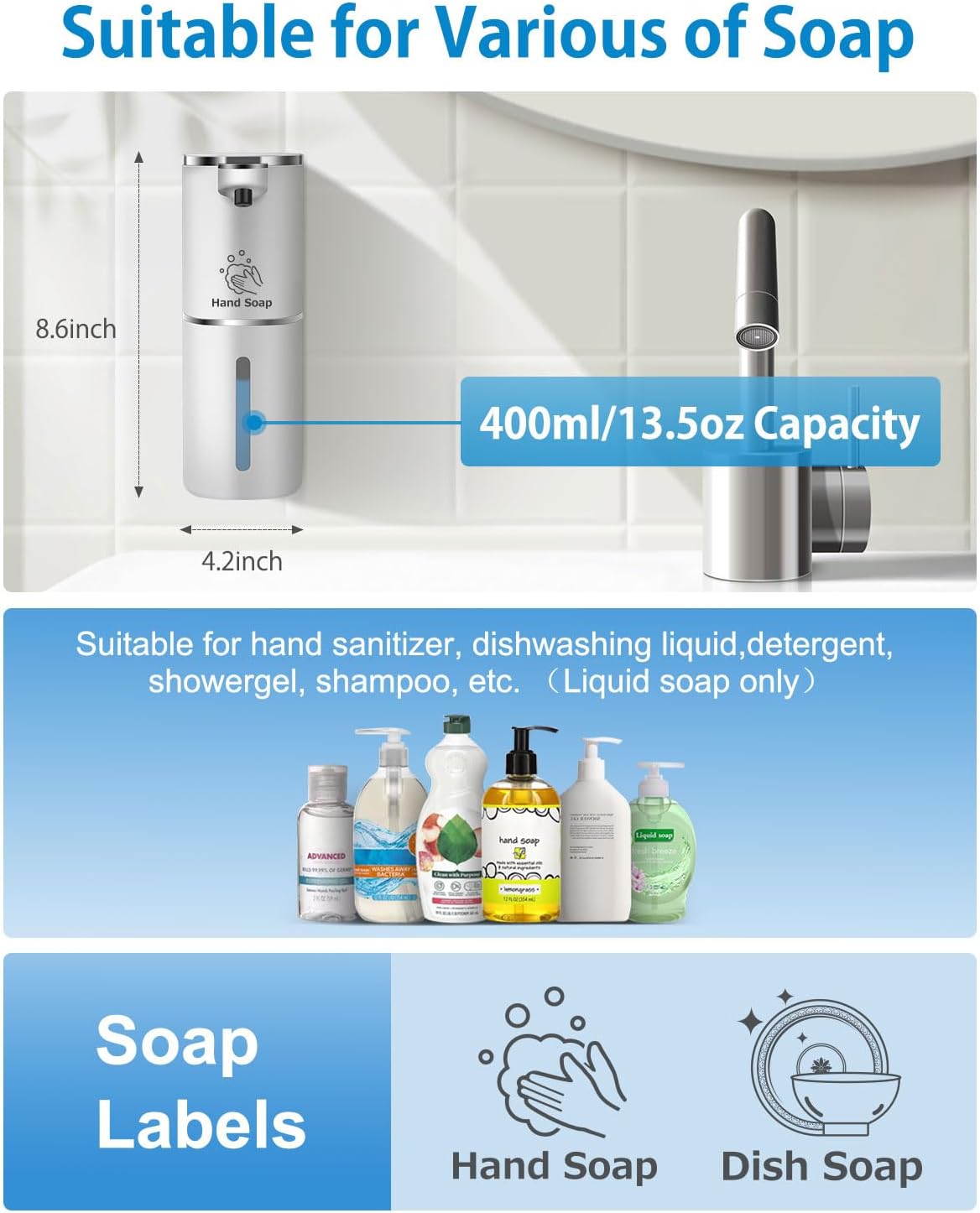 Automatic Liquid Soap Dispenser, Touchless, Digital Display, Rechargeable
