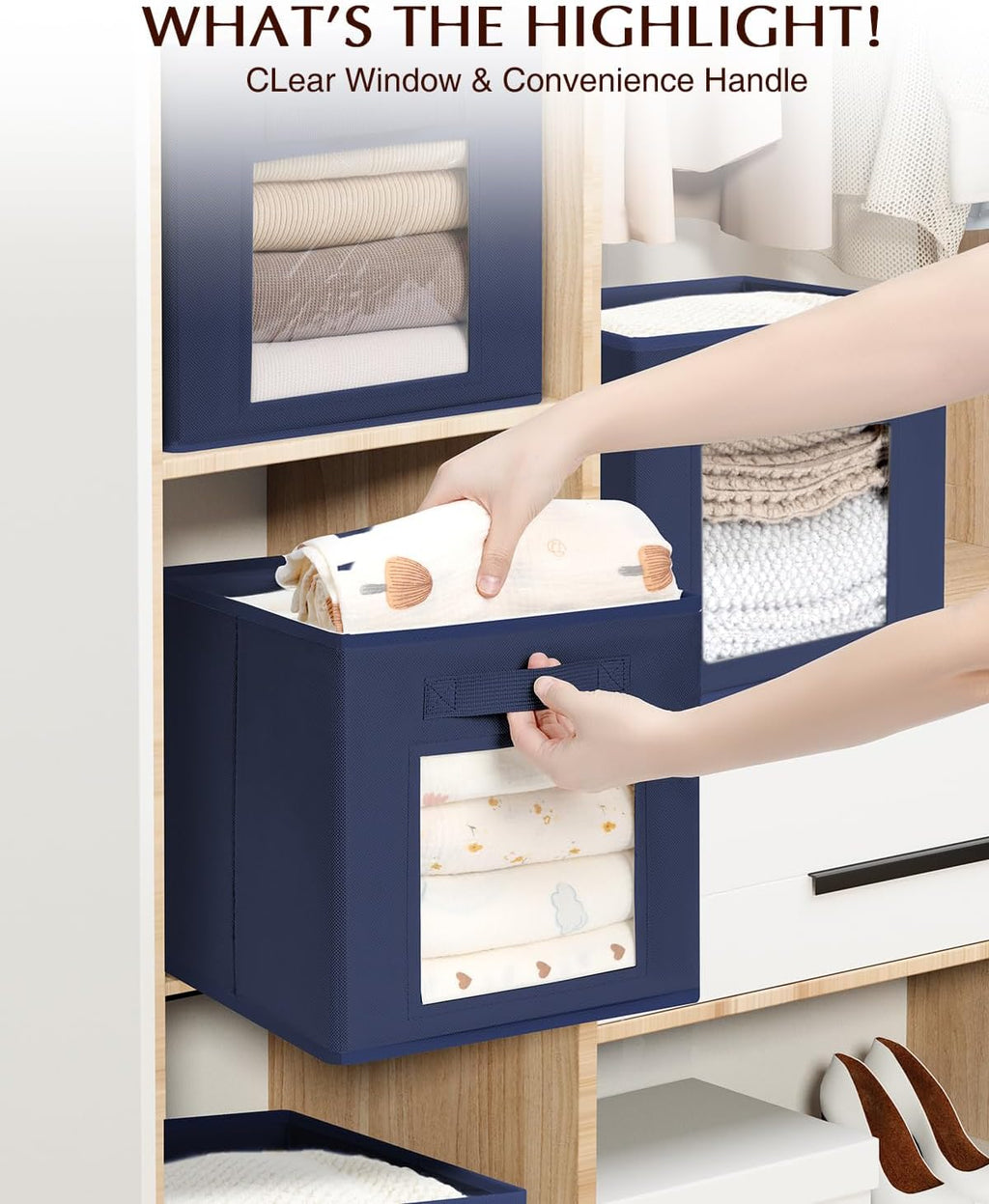 Homsorout Storage Cube 11 Inch - Cube Storage Bins with Window, Closet Storage Baskets with Handle, Fabric Bins for Closet, Shelves, Toys, Clothes, Set of 16, Navy Blue