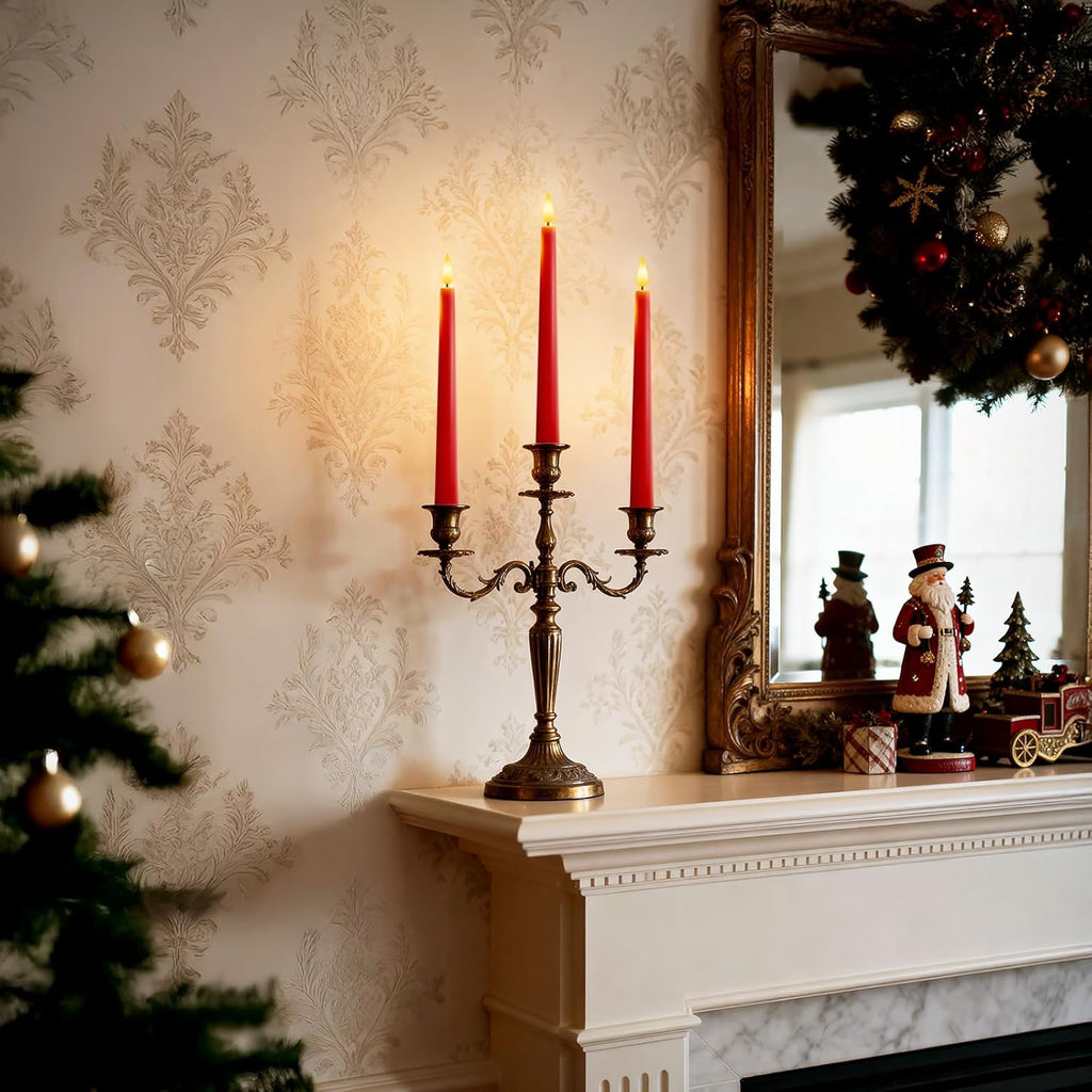 6 Pcs Red Flameless Taper Candles with Remote Timer Dimmer, Plastic Led Taper Candles Realistic, 9.6 Inches Battery Operated Candlesticks Flickering, for Party Holiday Christmas Decor