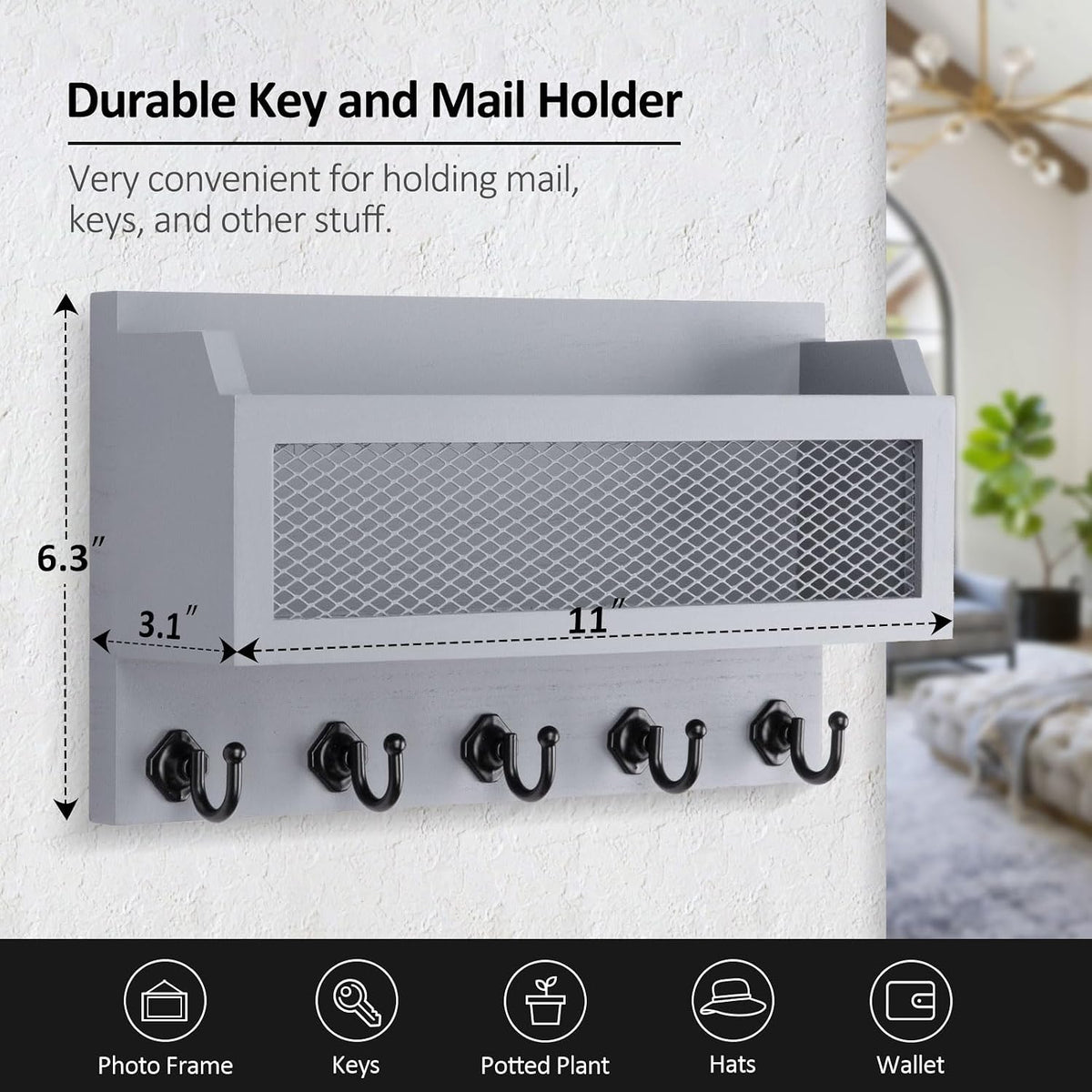 Nekon Mail and Key Holder for Wall Decorative, 11 Inch Mail Holder, Gray