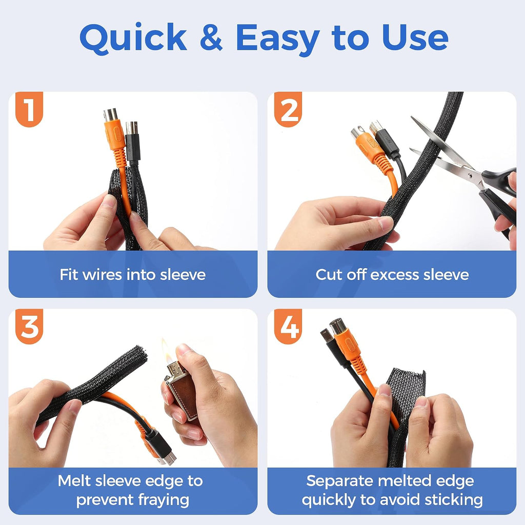 Delamu 10ft - 1/2 inch Cable Sleeve Cord Protector from Pets No Chew, Split-Braided PVC Wire Loom Tubing for Desk Computer USB TV Cord Organizer, Easy Set-up Cable Management Sleeve Kit, Black