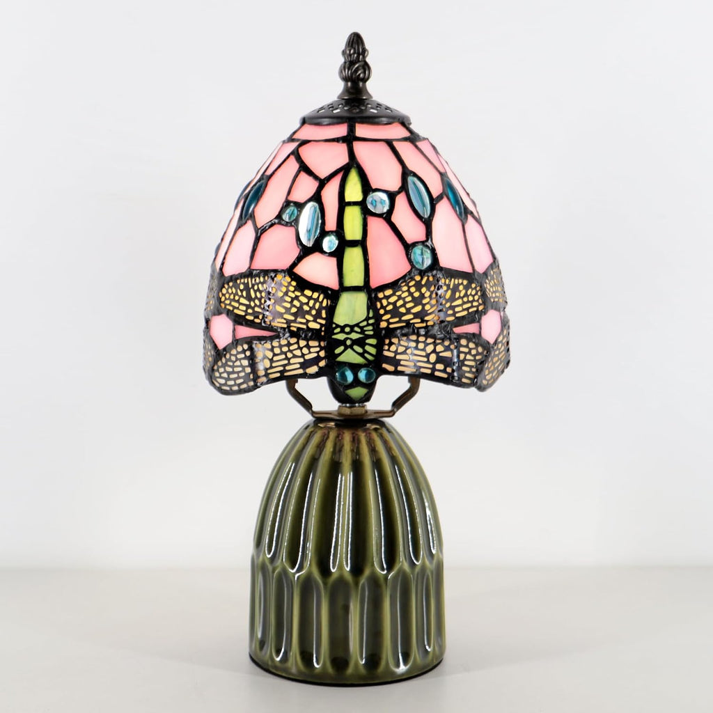 Tiffany Stained Glass Mushroom Table Lamp 12.5 Inch -Pink Dragonfly