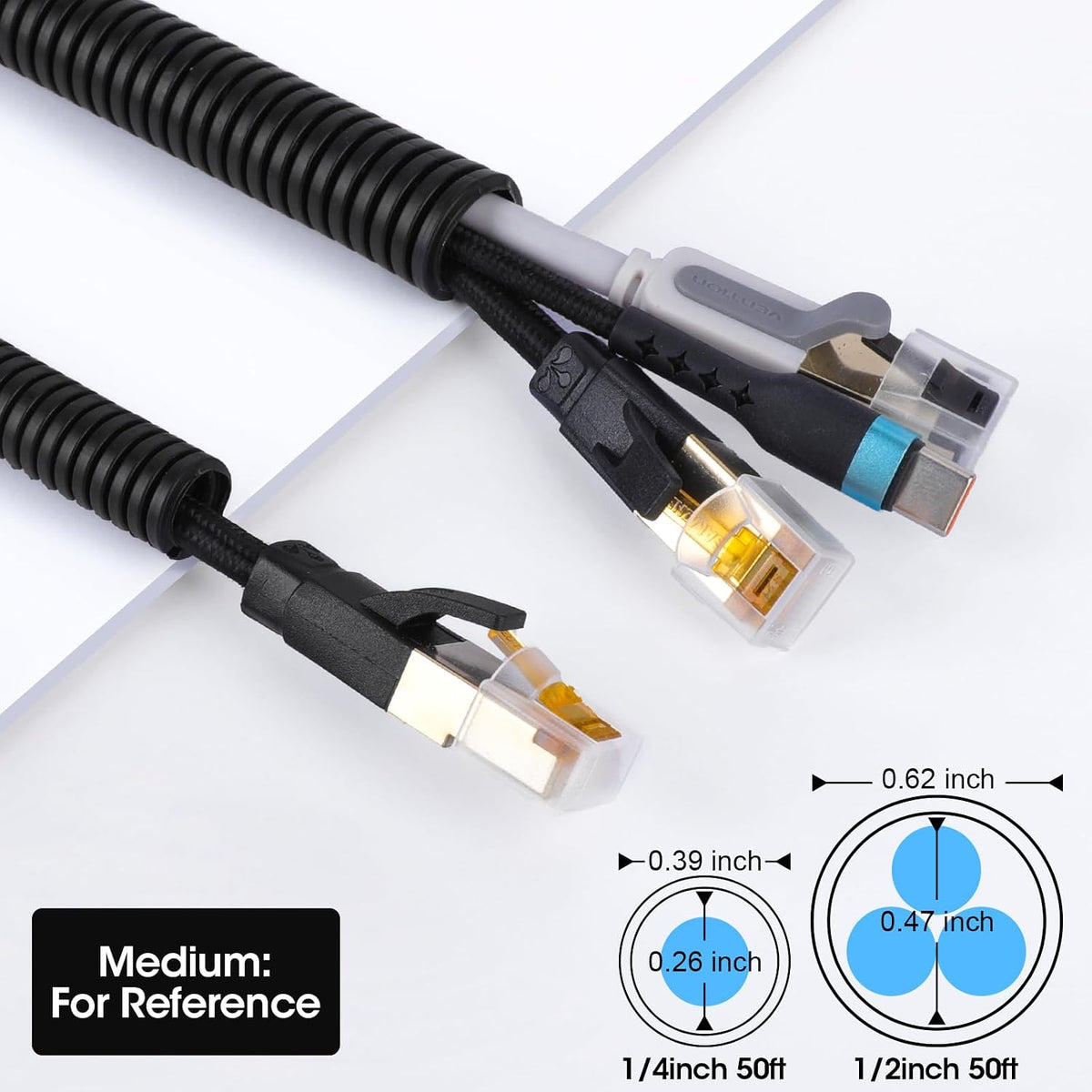 Wire Loom 1/4", 1/2 Inch x 50 FT, Split Wire Loom Tubing Wire Conduit, Cable Sleeves Bulk Flexible Electrical Conduit Protective kit – Black