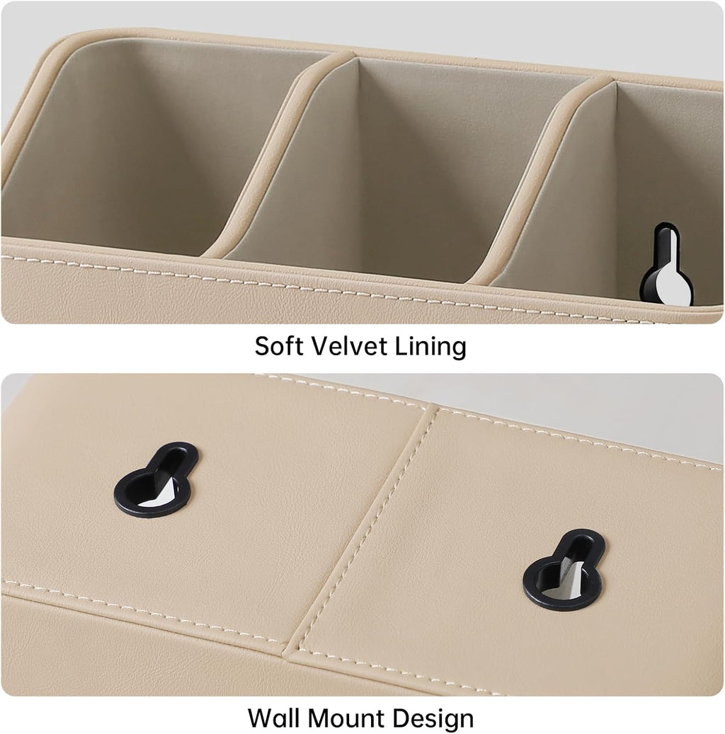 Hole-Free Wall-Mounted PU Leather Remote Control Holder, 3-Compartment Desktop Organizer, Perfect for Living Room, Bedroom, TV Side, Bathroom and More (Beige)
