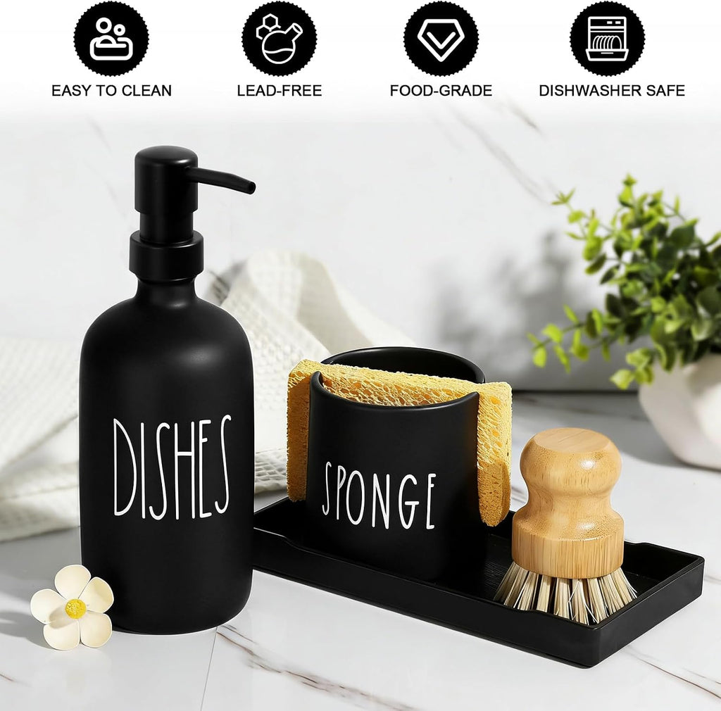 Dish Soap Dispenser for Kitchen with Sponge Holder,16.9 fl oz Kitchen Soap Dispenser Set with Tray,3 in 1 Dish Sponge Holder for Kitchen Sink Organizer Accessories,Black