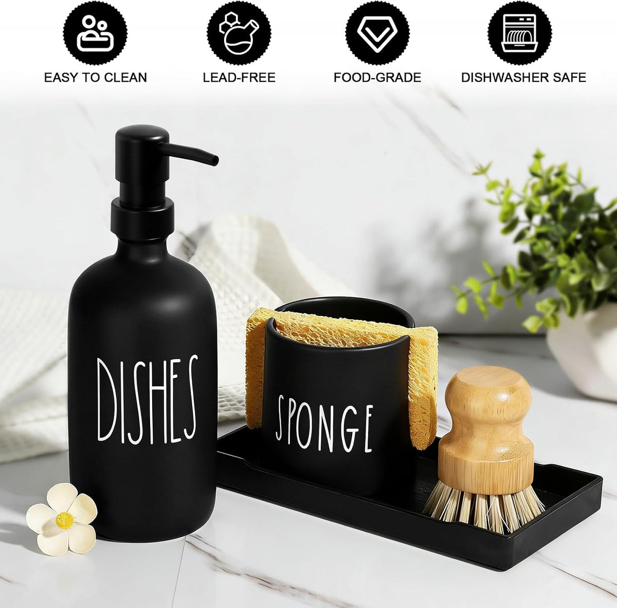 Dish Soap Dispenser for Kitchen with Sponge Holder,16.9 fl oz Kitchen Soap Dispenser Set with Tray,3 in 1 Dish Sponge Holder for Kitchen Sink Organizer Accessories,Black