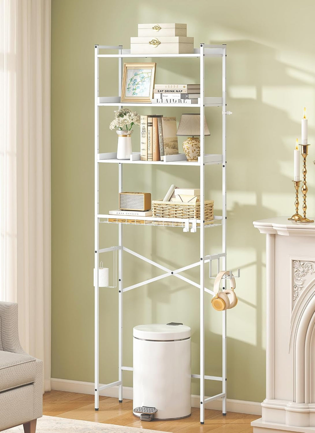 Quikraen 4 Tier Over The Toilet Storage Shelf with 3 Adjustable Shelves, Space Saver Bathroom Organizer with 4 Hooks, Freestanding Above Toilet Rack for Restroom Laundry (White)