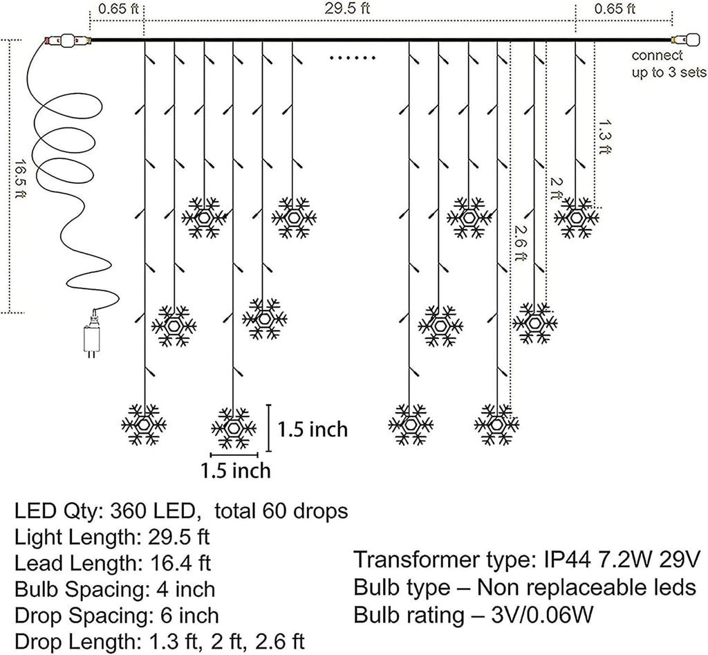 weillsnow Christmas Decorations, 360 LED Icicle Lights with Snowflake, 29.5 FT 72 Drops Icicle Light with 8 Modes，Connectable Warm White String Lights for Outdoor Eaves, Railing, Xmas Decor