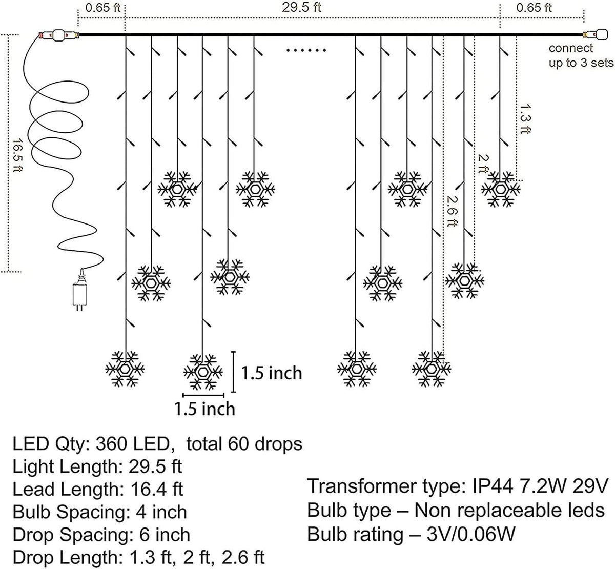 weillsnow Christmas Decorations, 360 LED Icicle Lights with Snowflake, 29.5 FT 72 Drops Icicle Light with 8 Modes，Connectable Warm White String Lights for Outdoor Eaves, Railing, Xmas Decor