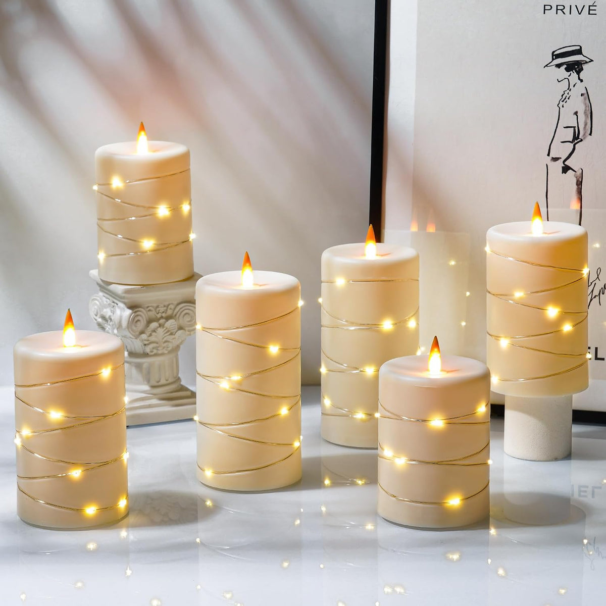 Upinmz 6 Pack Flameless LED Pillar Candles, Battery Operated Flickering Plastic Candles with Remote & Timer, Set for Home, Wedding & Holiday Ambience, Ivory White